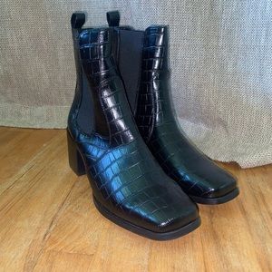Croc Square Toe Heeled Ankle Boot